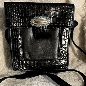 Brighton - One World Black Croc-Embossed Crossbody Bag with Silver Accents